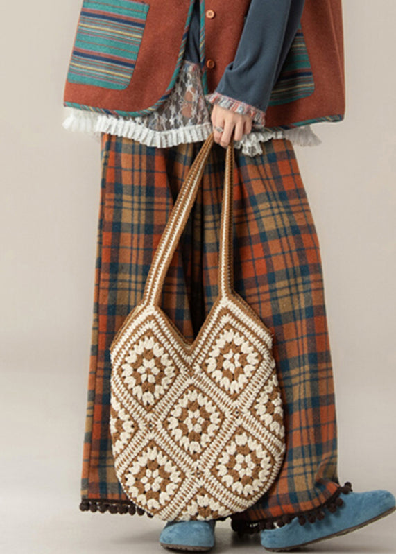 Novelty Red Plaid Pockets Tassel Wide Leg Pants Fall