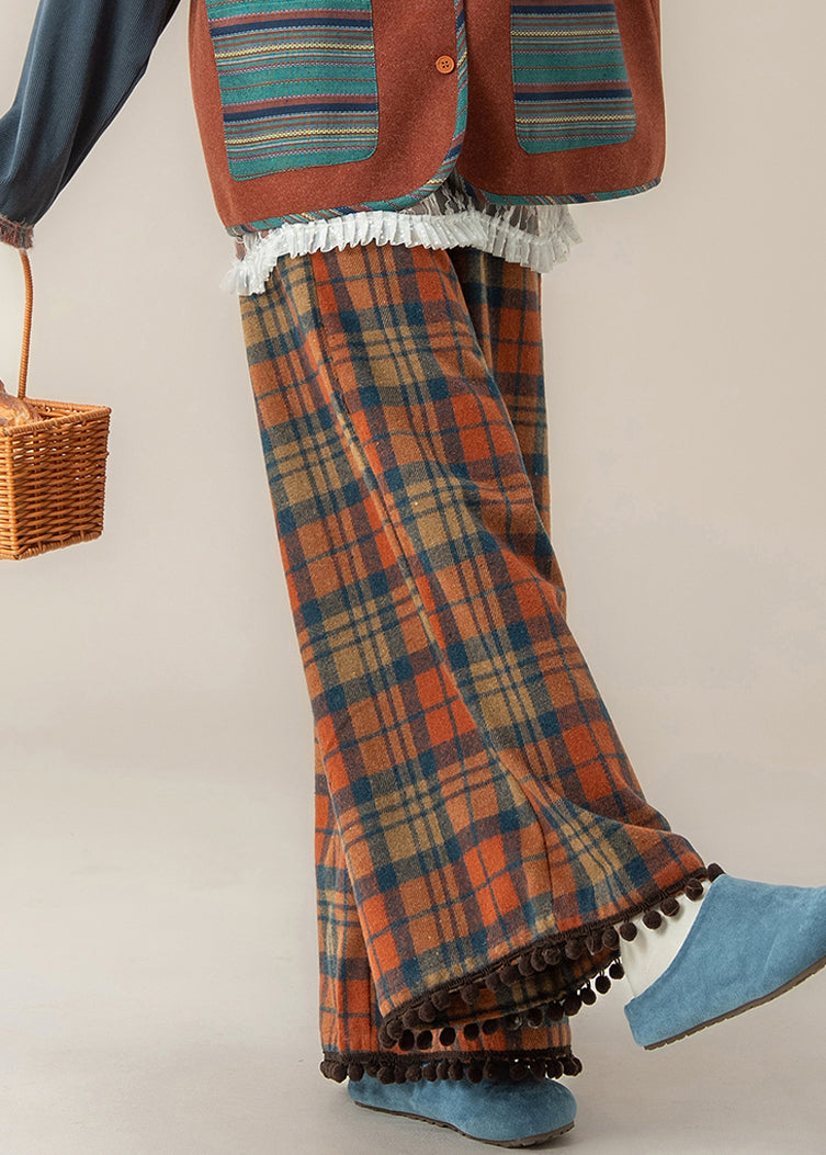 Novelty Red Plaid Pockets Tassel Wide Leg Pants Fall