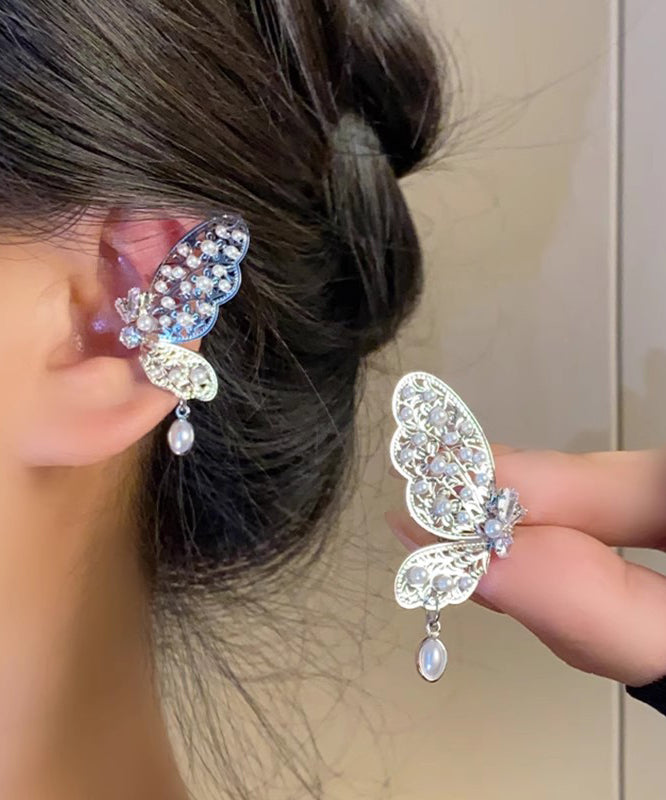 Novelty Silk Copper Zircon Hollow Out Butterfly Water Drop Stud Earrings