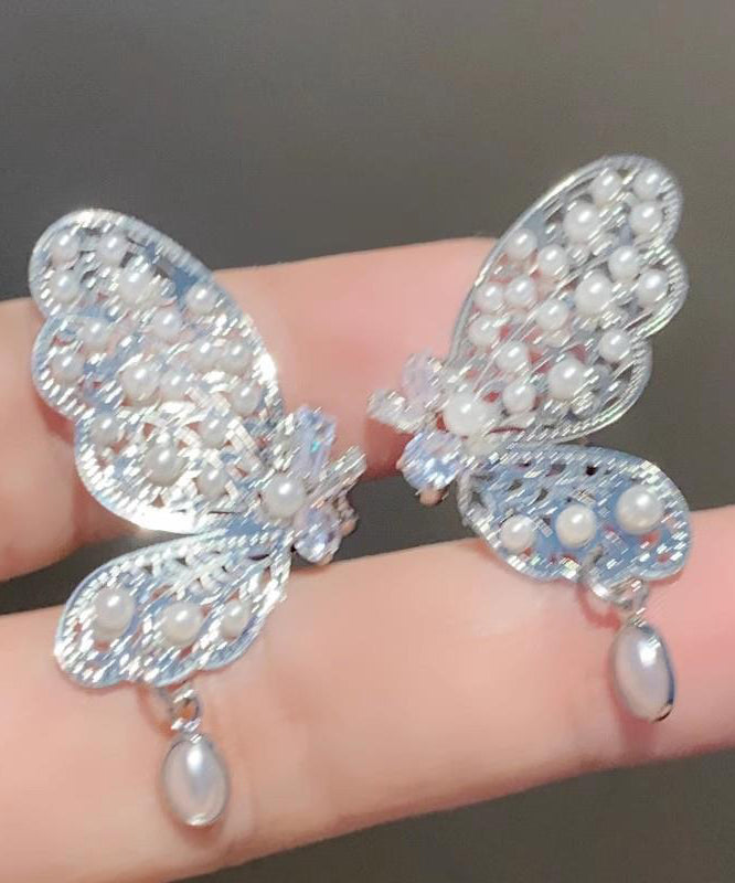 Novelty Silk Copper Zircon Hollow Out Butterfly Water Drop Stud Earrings