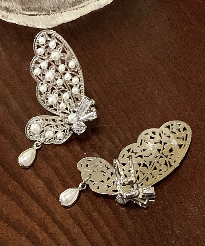 Novelty Silk Copper Zircon Hollow Out Butterfly Water Drop Stud Earrings