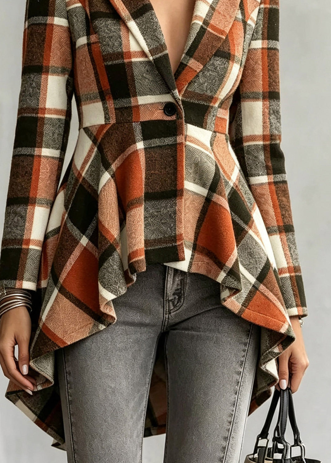 Novelty Turtleneck Plaid Low High Design Coats Fall