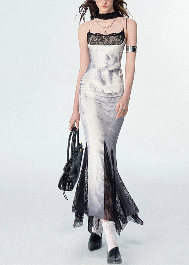 Novelty White Print Zircon Lace Patchwork Maxi Dress Sleeveless