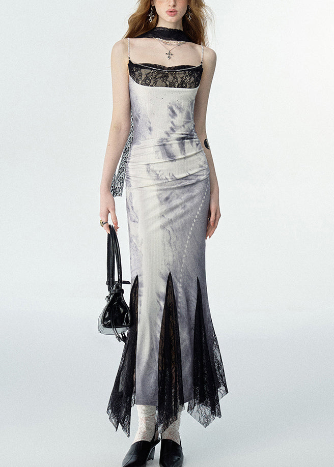 Novelty White Print Zircon Lace Patchwork Maxi Dress Sleeveless