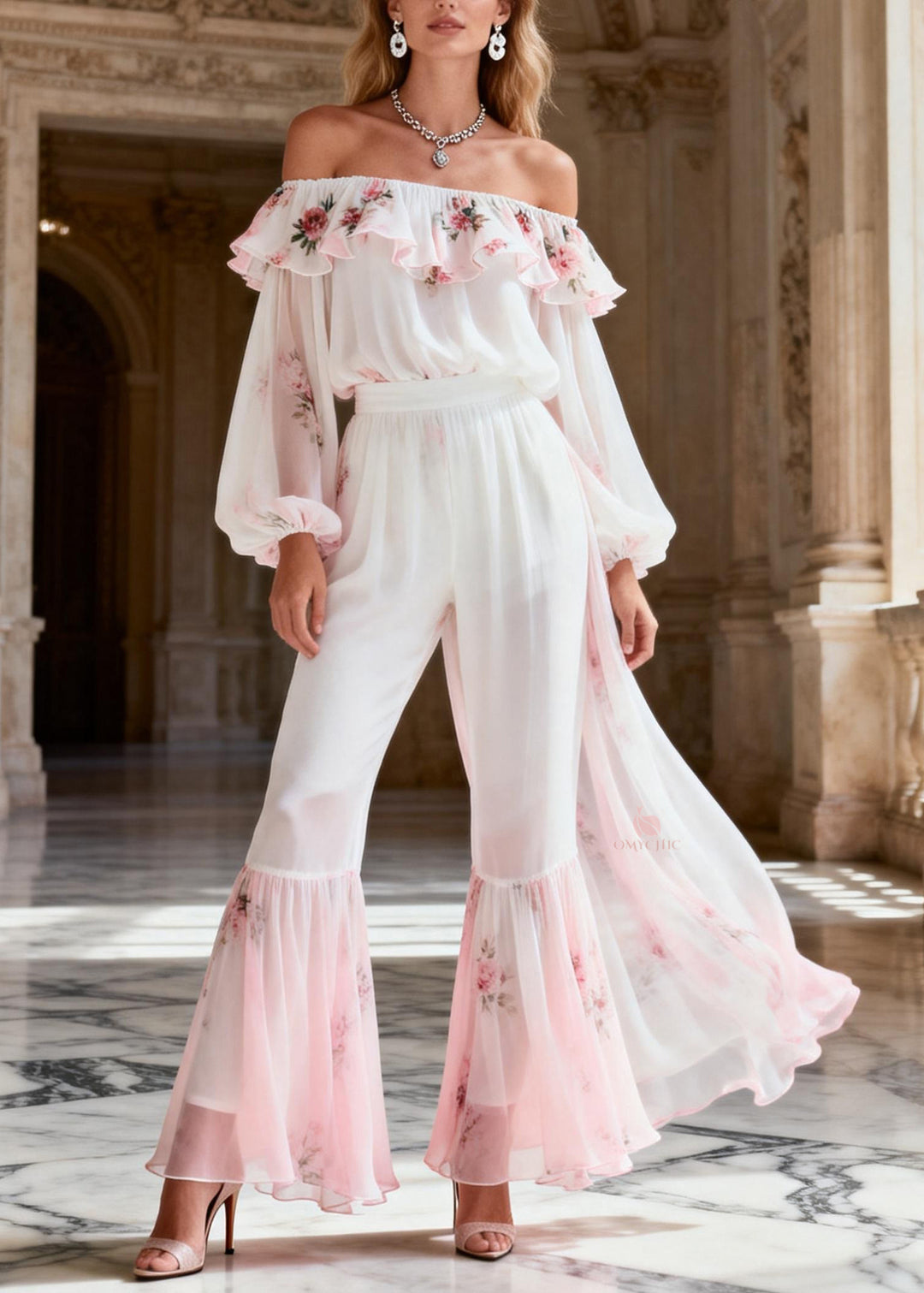 Novelty White Ruffled Print Chiffon Top And Flared Trousers Two Piece Suit Set Spring