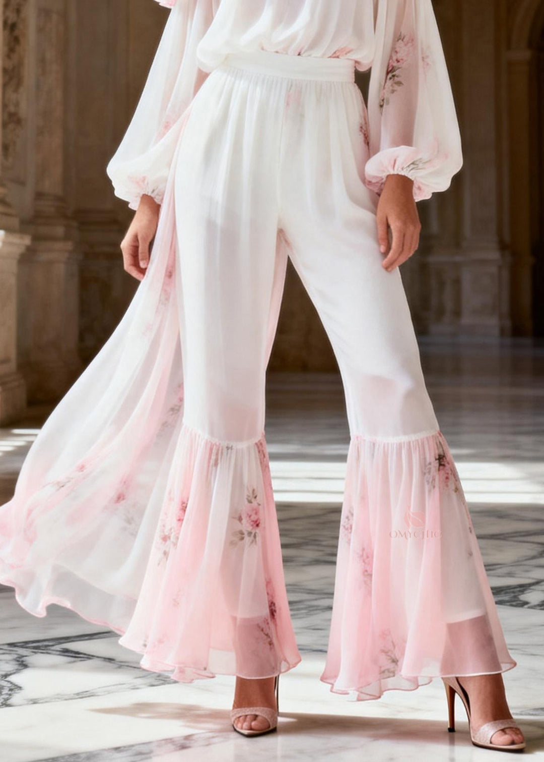 Novelty White Ruffled Print Chiffon Top And Flared Trousers Two Piece Suit Set Spring