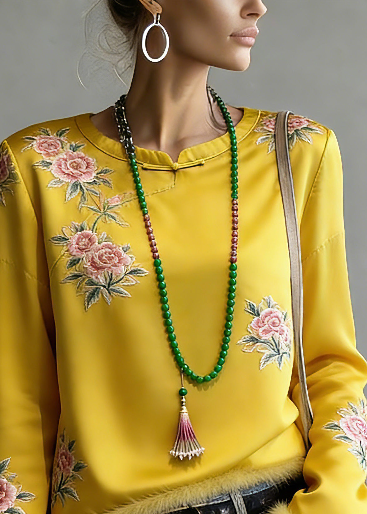 Novelty Yellow Embroidered Patchwork Silk Cotton Tops Spring - Omychic