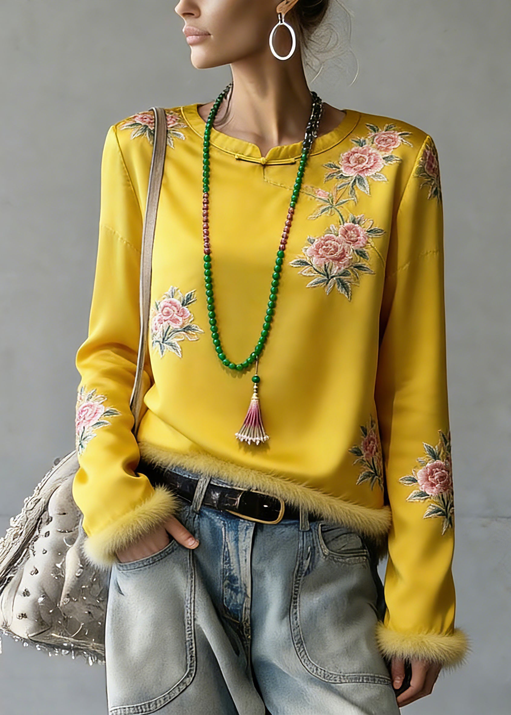 Novelty Yellow Embroidered Patchwork Silk Cotton Tops Spring - Omychic