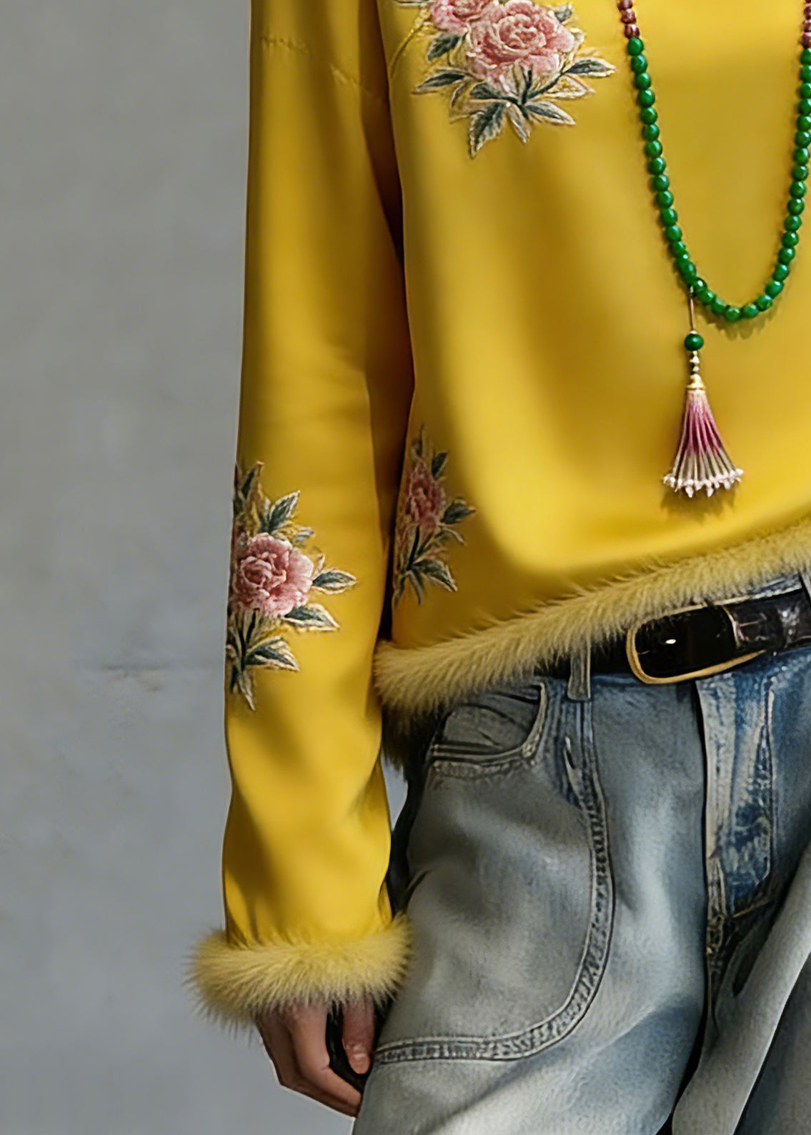 Novelty Yellow Embroidered Patchwork Silk Cotton Tops Spring - Omychic