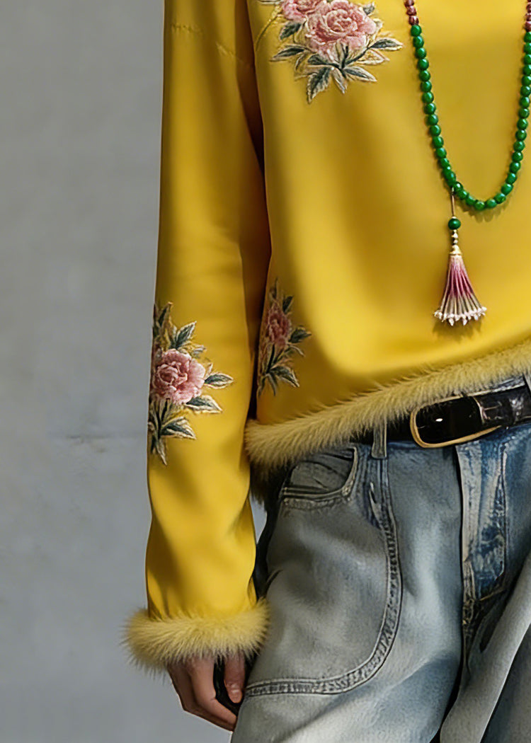 Novelty Yellow Embroidered Patchwork Silk Cotton Tops Spring - Omychic