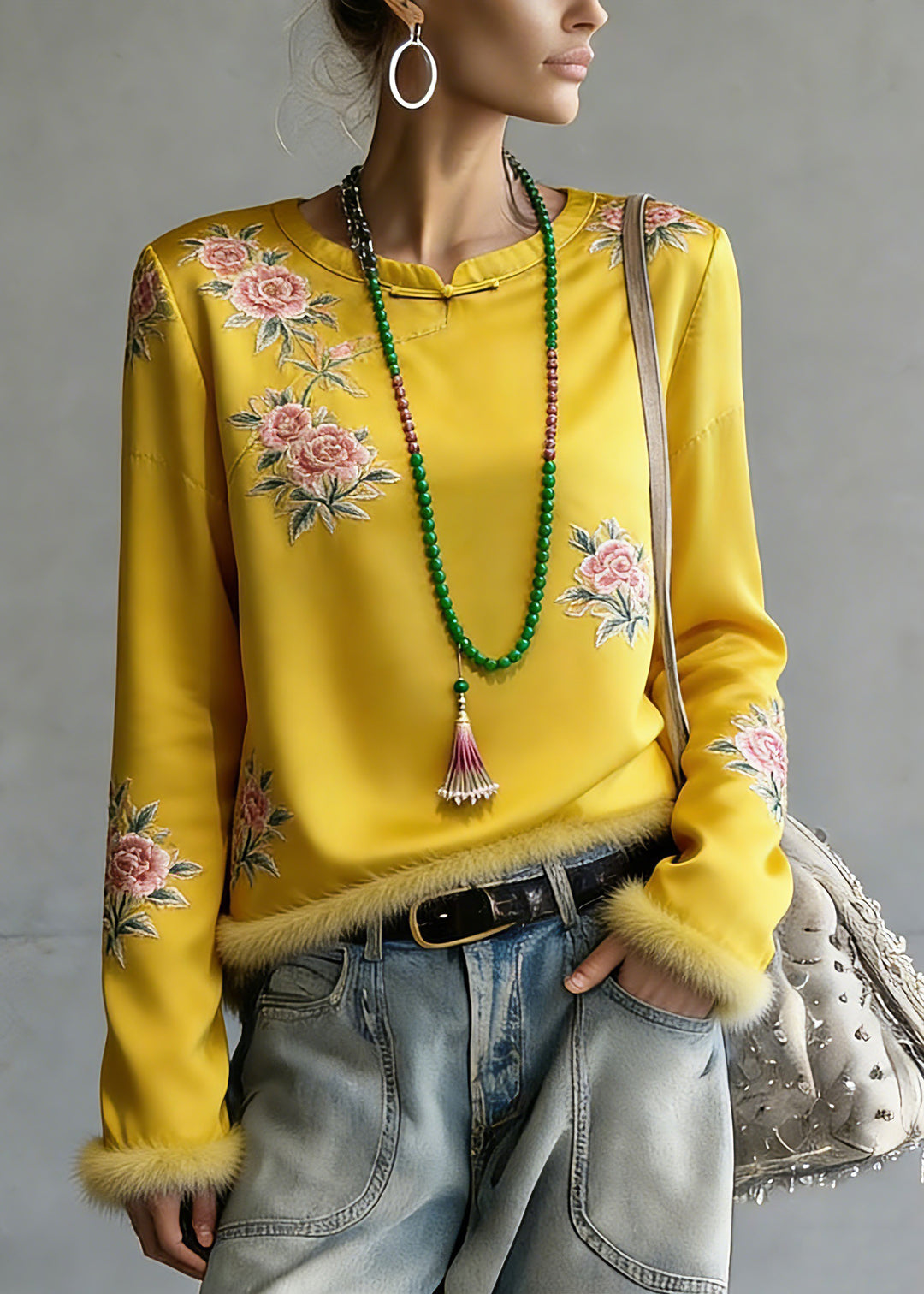 Novelty Yellow Embroidered Patchwork Silk Cotton Tops Spring - Omychic