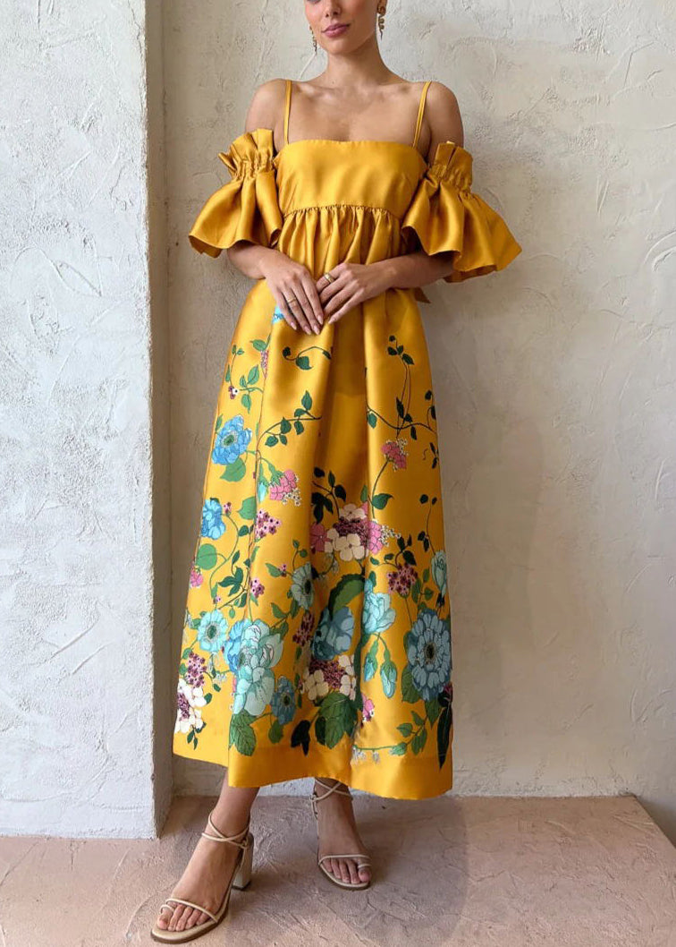 Novelty Yellow Print Pockets Cotton Spaghetti Strap Dress Flare Sleeve
