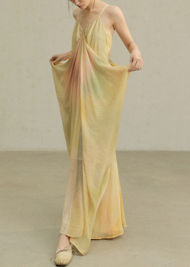 Novelty Yellow Tie Dye Wrinkled Cotton Spaghetti Strap Dress Sleeveless