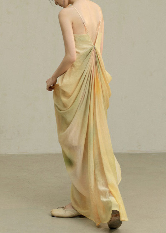 Novelty Yellow Tie Dye Wrinkled Cotton Spaghetti Strap Dress Sleeveless
