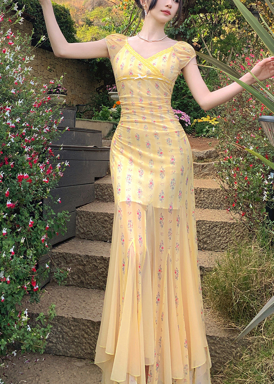 Novelty Yellow V Neck Print Long Dresses Short Sleeve