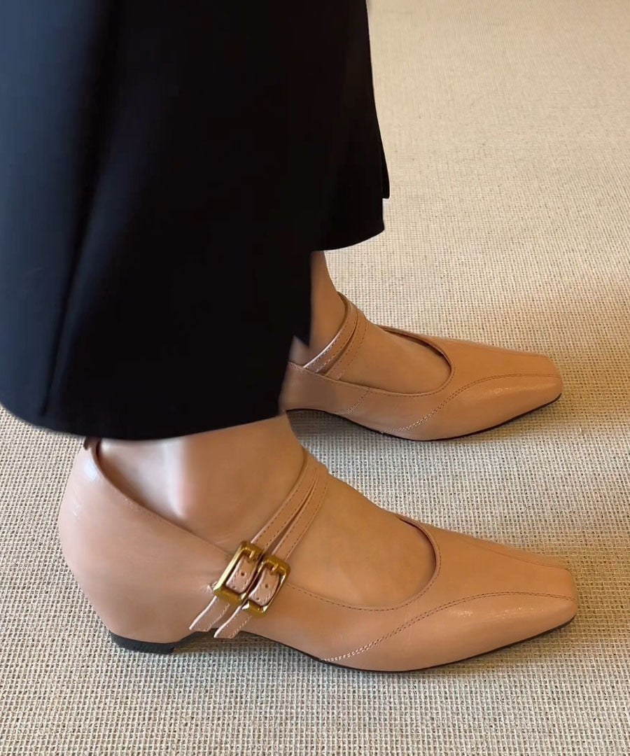 Nude Flat Shoes Cowhide Leather Fitted Buckle Strap Flat Feet Shoes