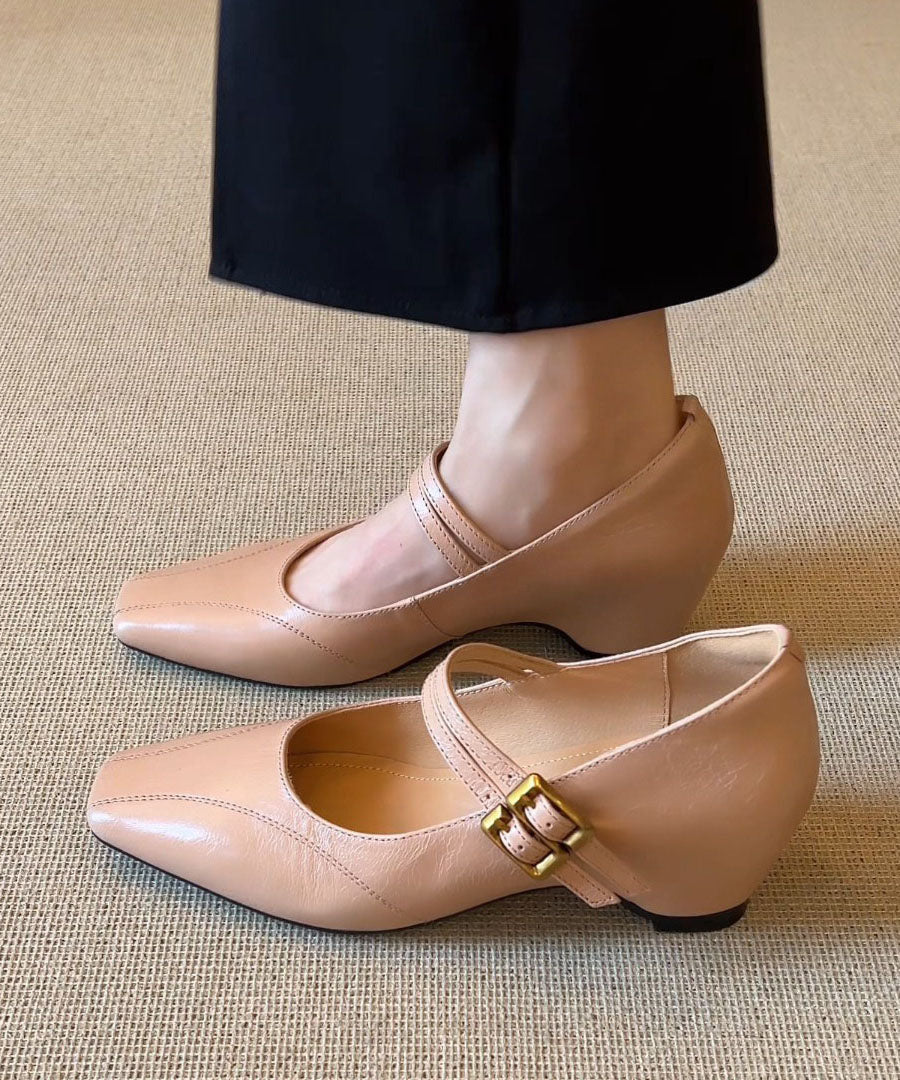 Nude Flat Shoes Cowhide Leather Fitted Buckle Strap Flat Feet Shoes
