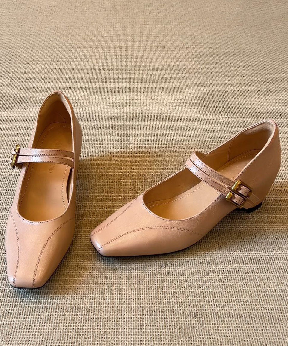 Nude Flat Shoes Cowhide Leather Fitted Buckle Strap Flat Feet Shoes
