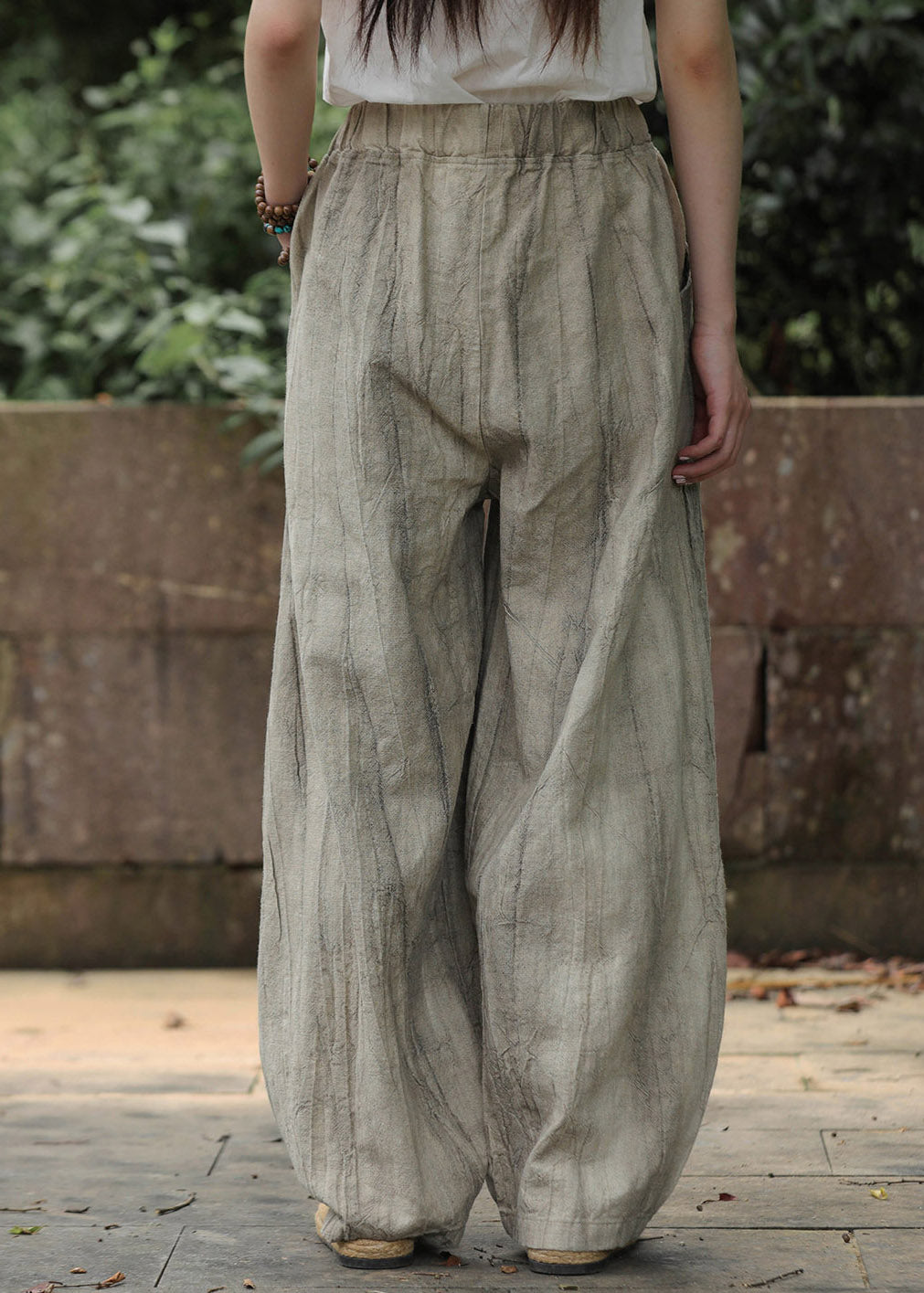 Oat Color Pockets Elastic Waist Wide Leg Pants