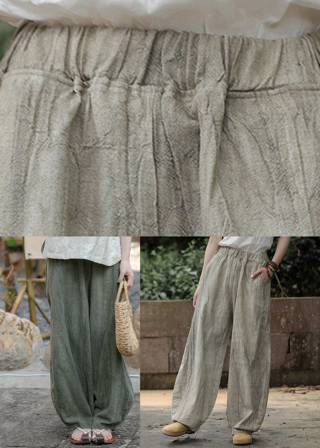 Oat Color Pockets Elastic Waist Wide Leg Pants