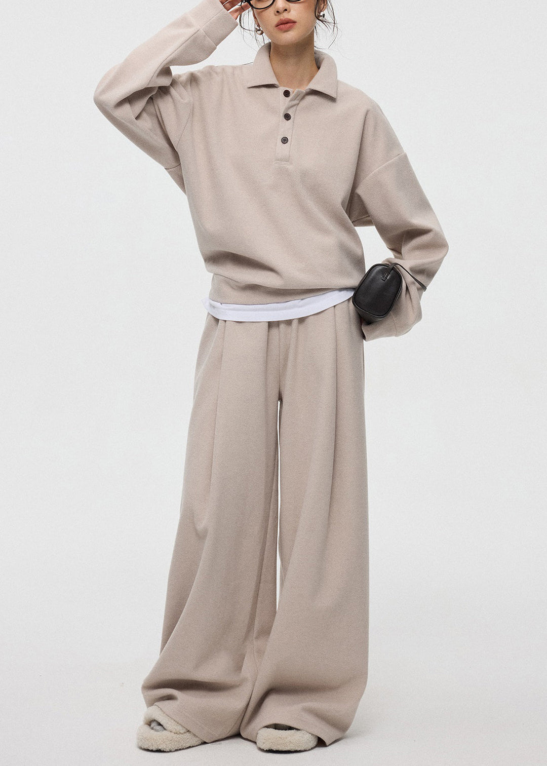 Oatmeal Button Tops And Wide Leg Pants Cashmere Two Pieces Set Peter Pan Collar