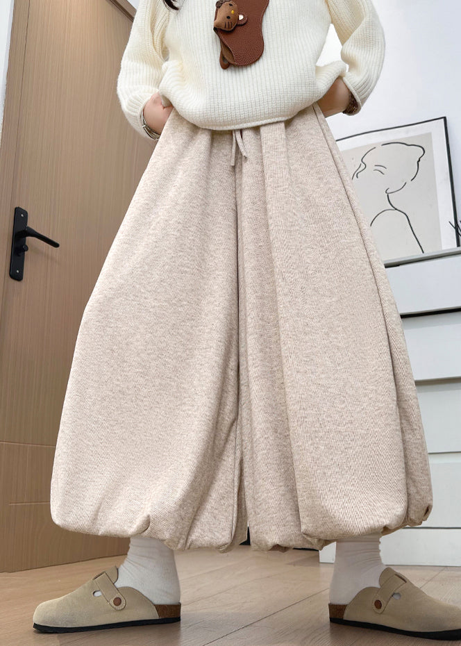 Oatmeal Elastic Waist Solid Cotton Wide Leg Pants Pockets