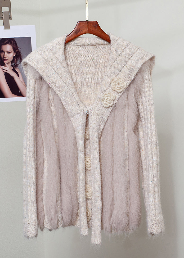 Oatmeal Floral Patchwork Knit Winter Sweaters Fox Fur