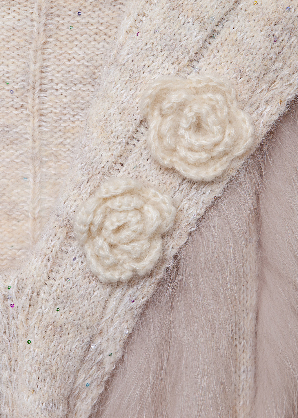 Oatmeal Floral Patchwork Knit Winter Sweaters Fox Fur