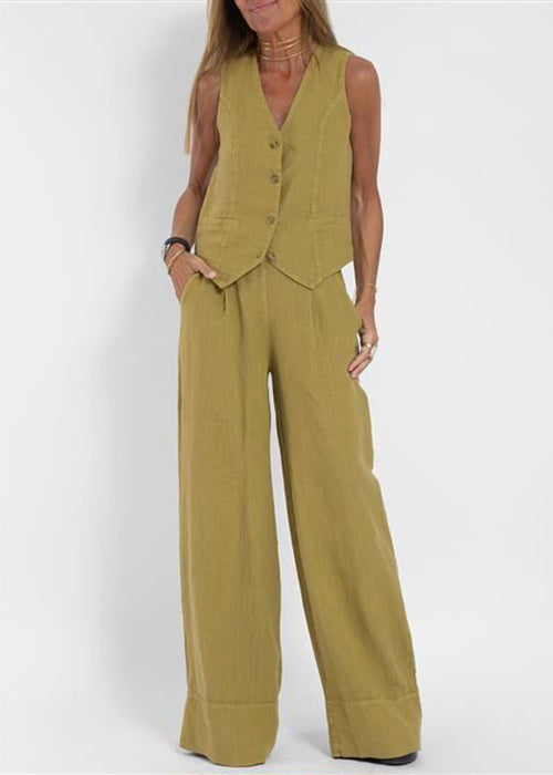 Olive Green Pockets Solid Linen Two Pieces Set V Neck Summer