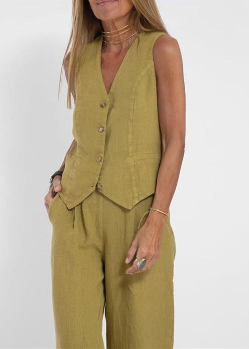 Olive Green Pockets Solid Linen Two Pieces Set V Neck Summer