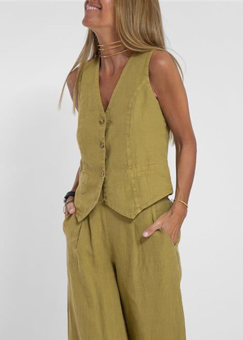 Olive Green Pockets Solid Linen Two Pieces Set V Neck Summer