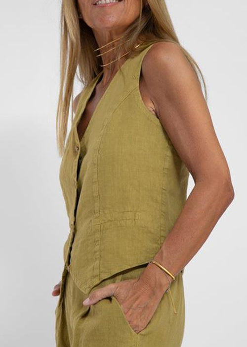 Olive Green Pockets Solid Linen Two Pieces Set V Neck Summer