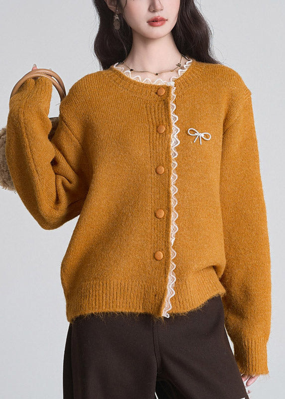 Orange Button Cozy Cotton Knit Cardigan Long Sleeve