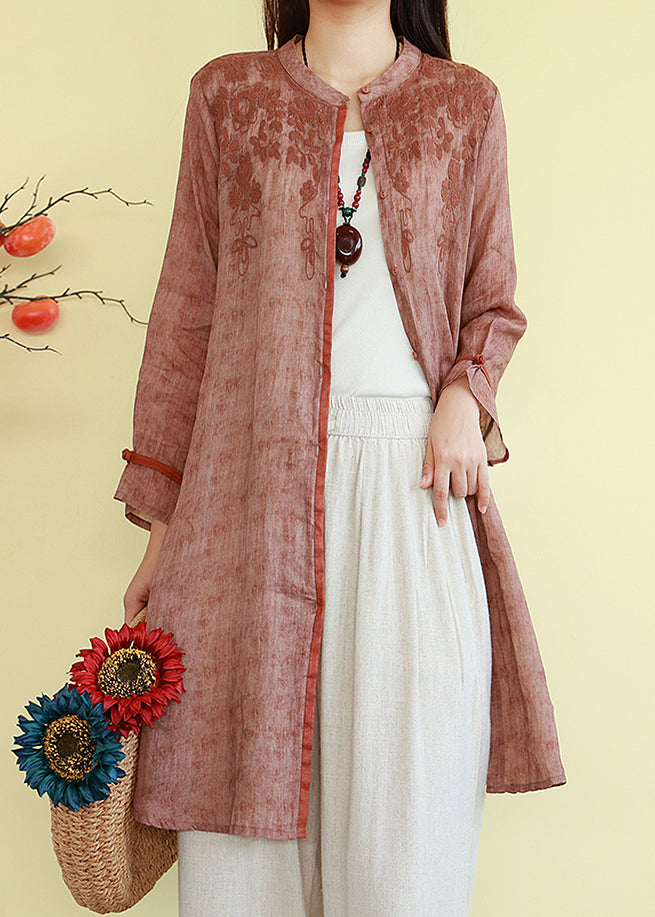 Orange Button Linen Loose Fall Shirts O-Neck