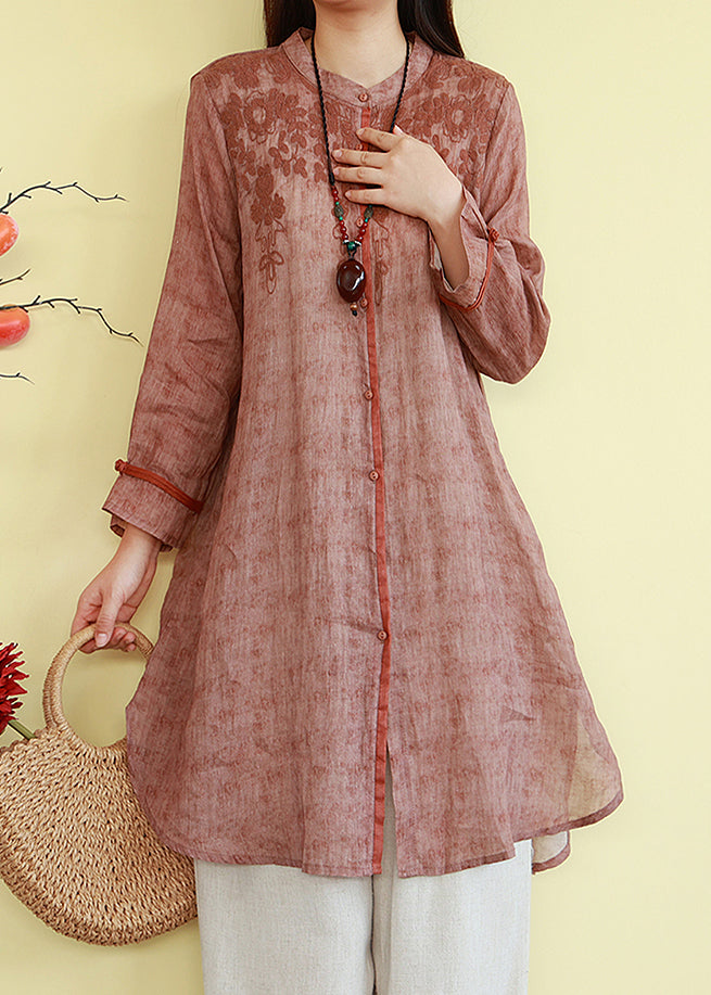 Orange Button Linen Loose Fall Shirts O-Neck