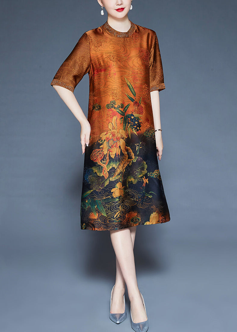 Orange Button Print Silk Dresses O-Neck Short Sleeve