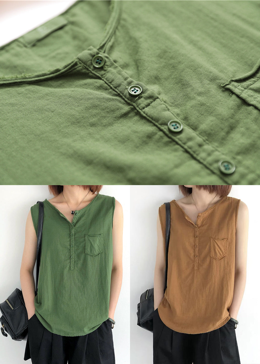 Orange Linen Tops O-Neck Pocket Sleeveless