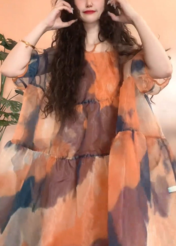 Orange Original Design Patchwork Tulle Half Sleeve Two Pieces Set Print