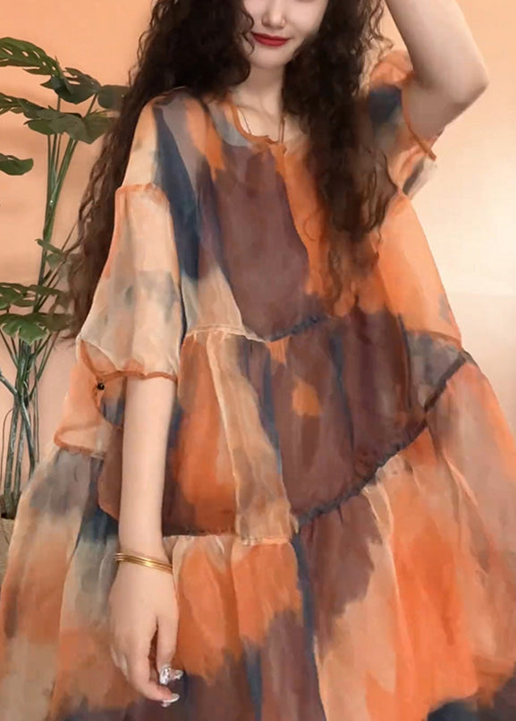 Orange Original Design Patchwork Tulle Half Sleeve Two Pieces Set Print