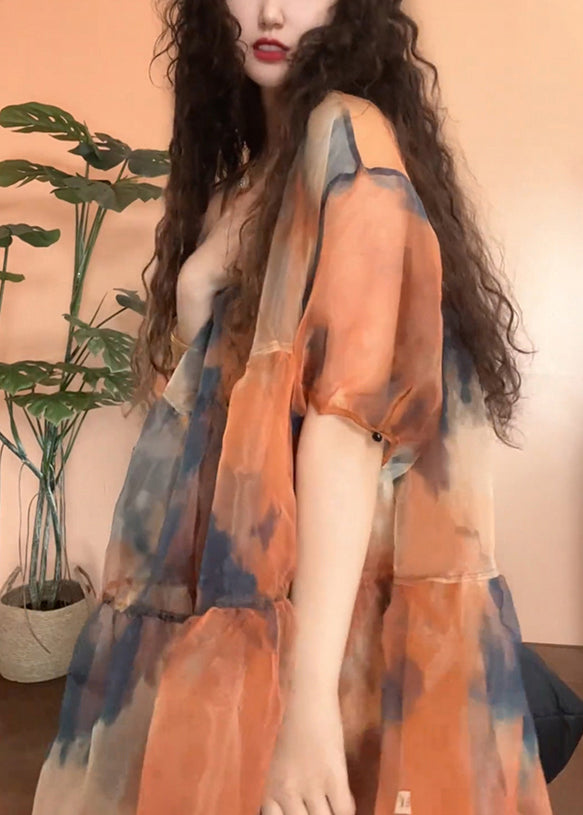 Orange Original Design Patchwork Tulle Half Sleeve Two Pieces Set Print