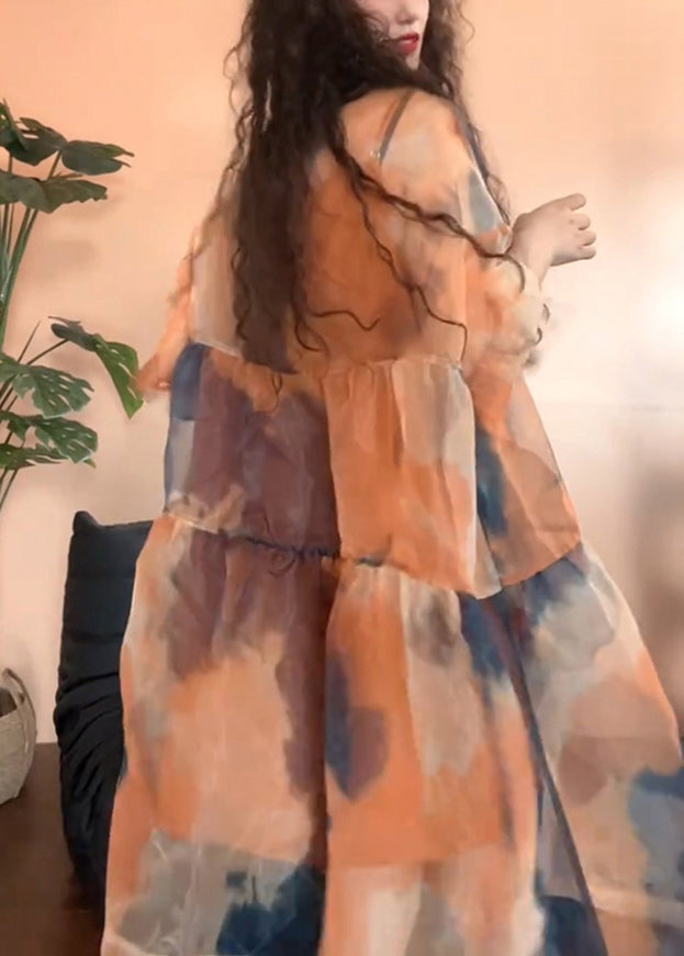 Orange Original Design Patchwork Tulle Half Sleeve Two Pieces Set Print
