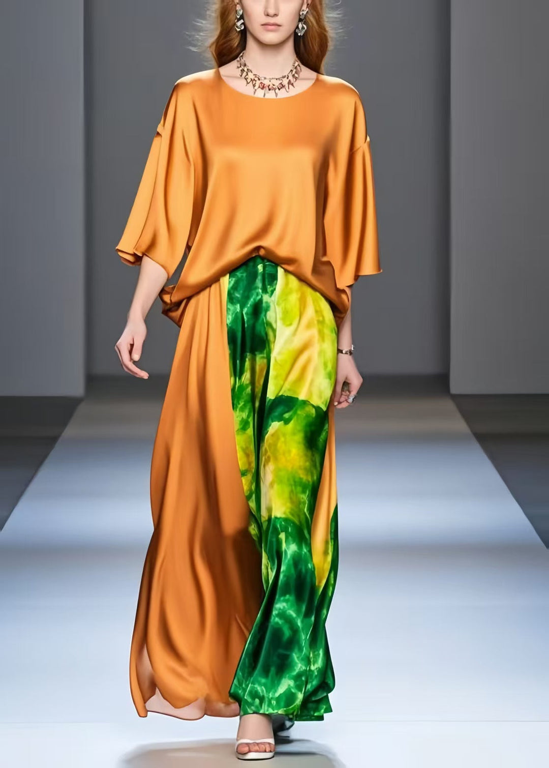 Orange Patchwork Draping Silk Holiday Dresses Bracelet Sleeve