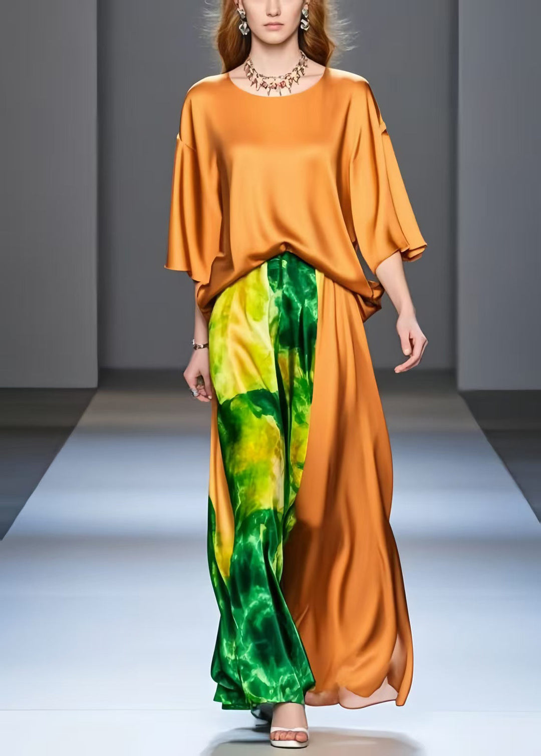 Orange Patchwork Draping Silk Holiday Dresses Bracelet Sleeve