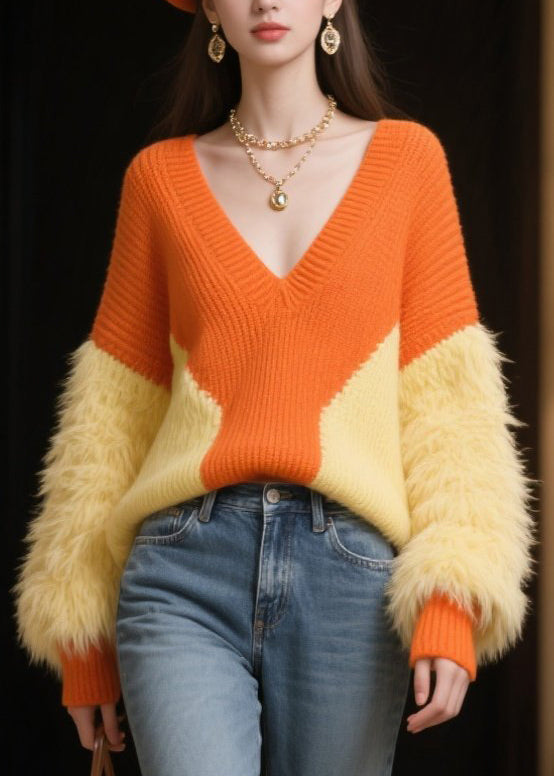 Orange Patchwork Faux Fur Knitted Tops V Neck Winter