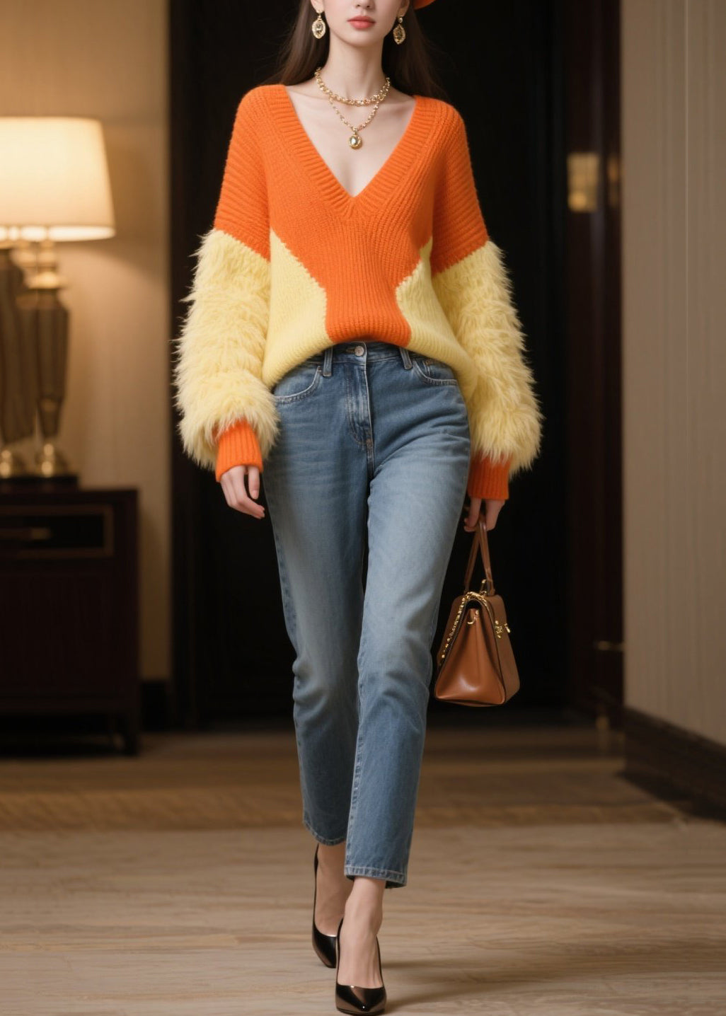 Orange Patchwork Faux Fur Knitted Tops V Neck Winter