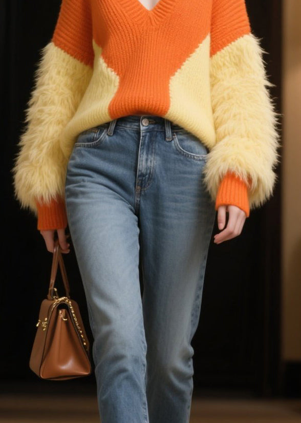 Orange Patchwork Faux Fur Knitted Tops V Neck Winter