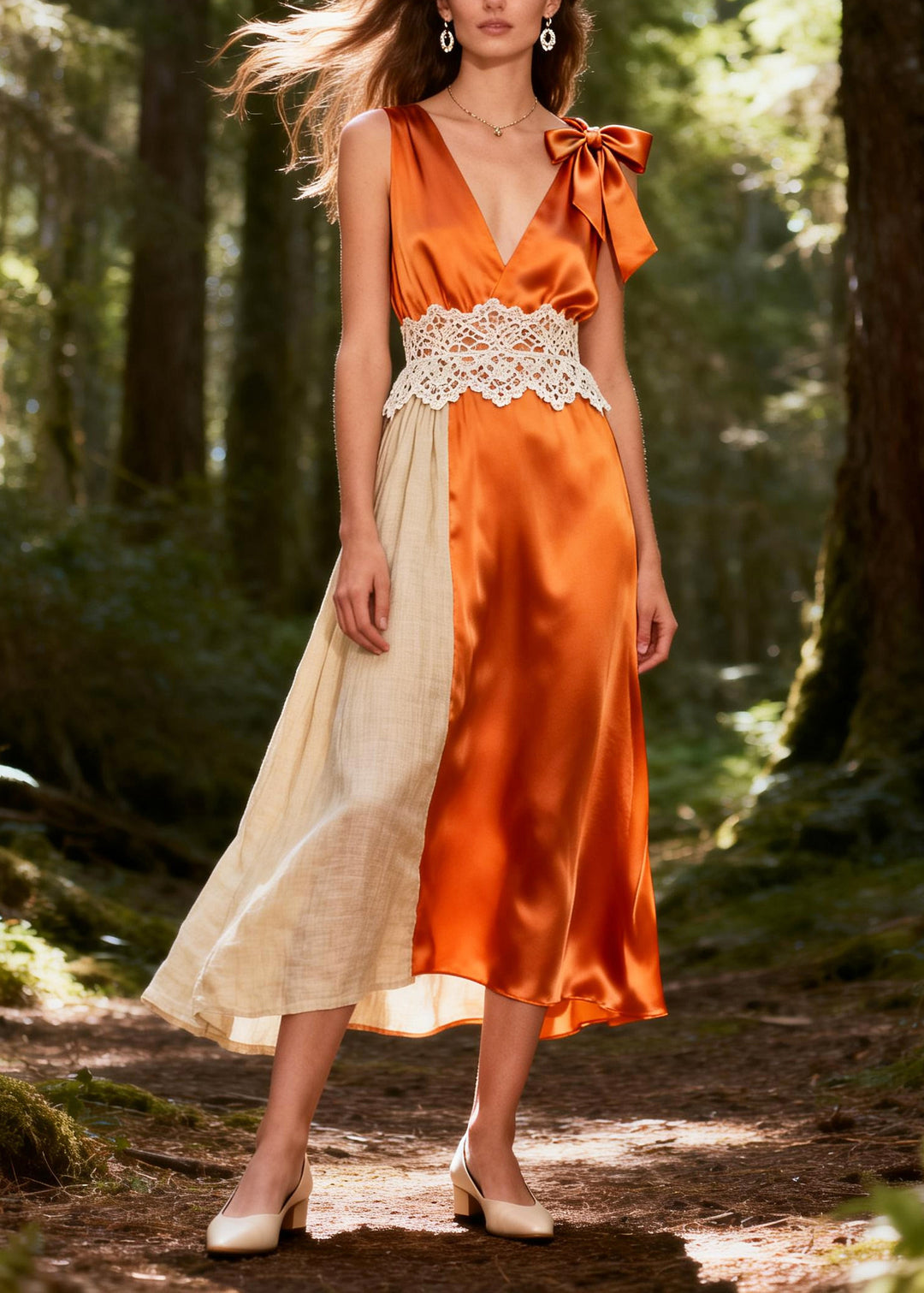 Orange Patchwork Linen Silk Dresses Asymmetrical Summer