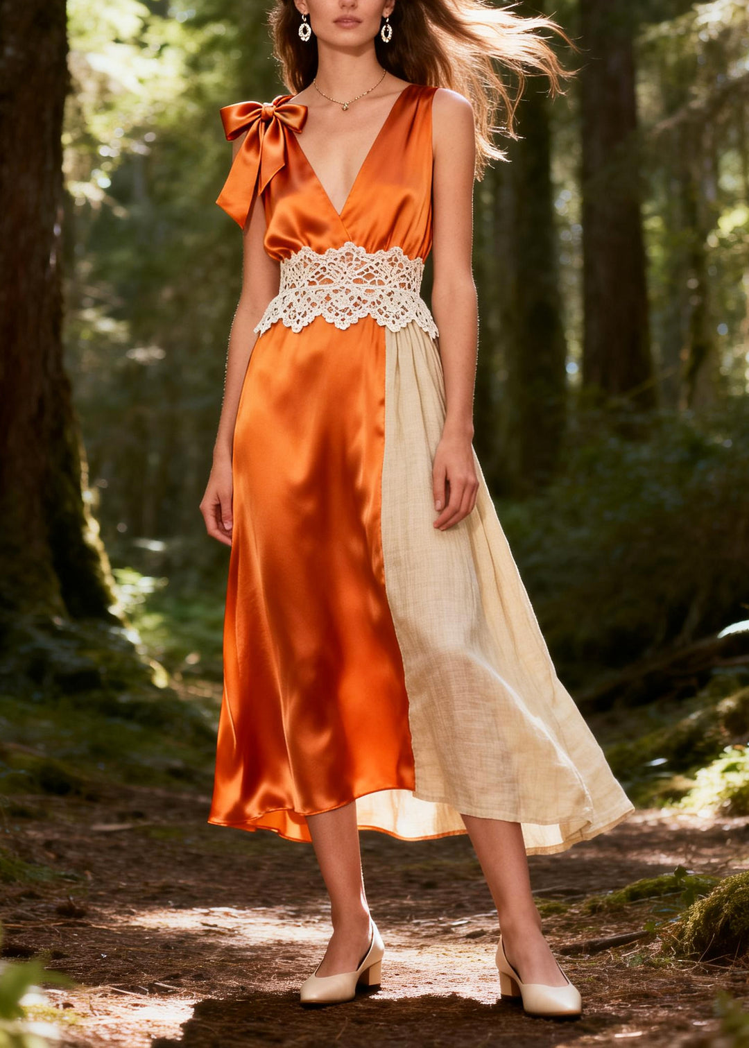 Orange Patchwork Linen Silk Dresses Asymmetrical Summer