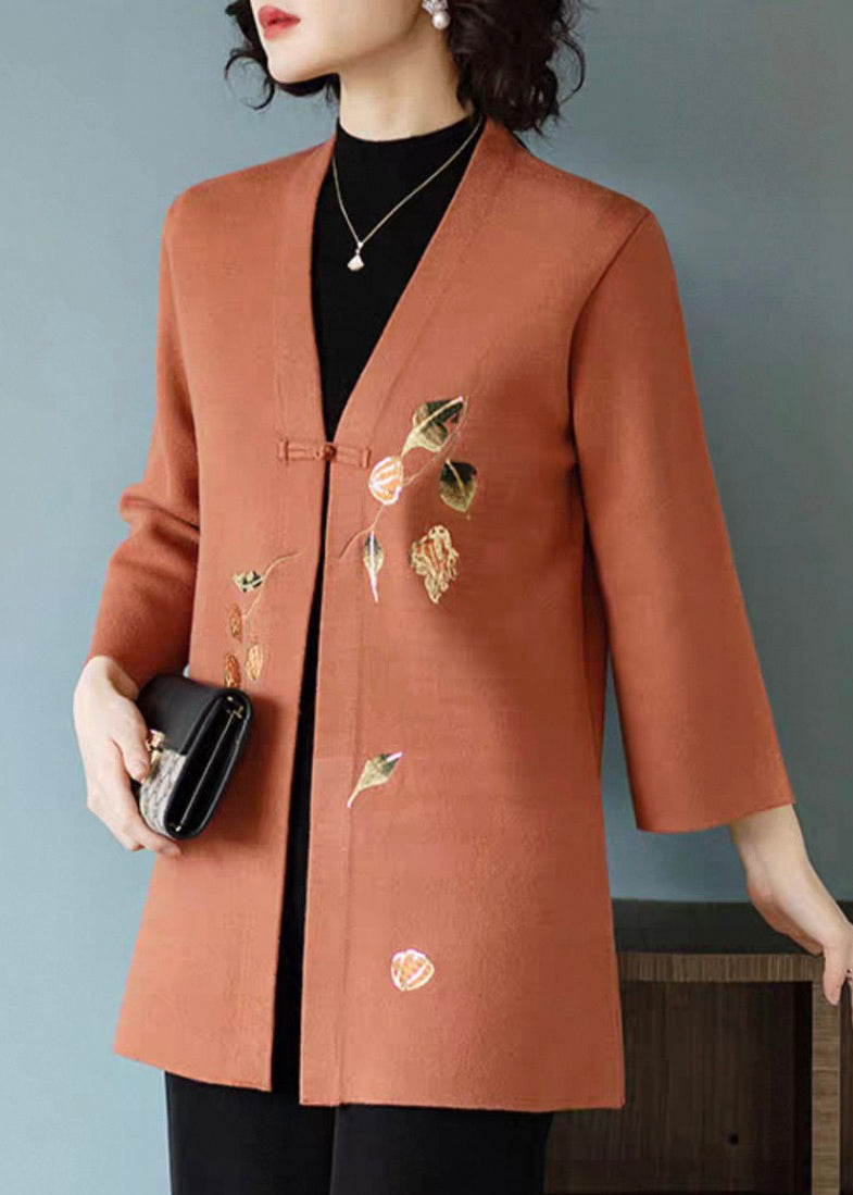 Orange Print Button Woolen Cardigan V Neck Fall