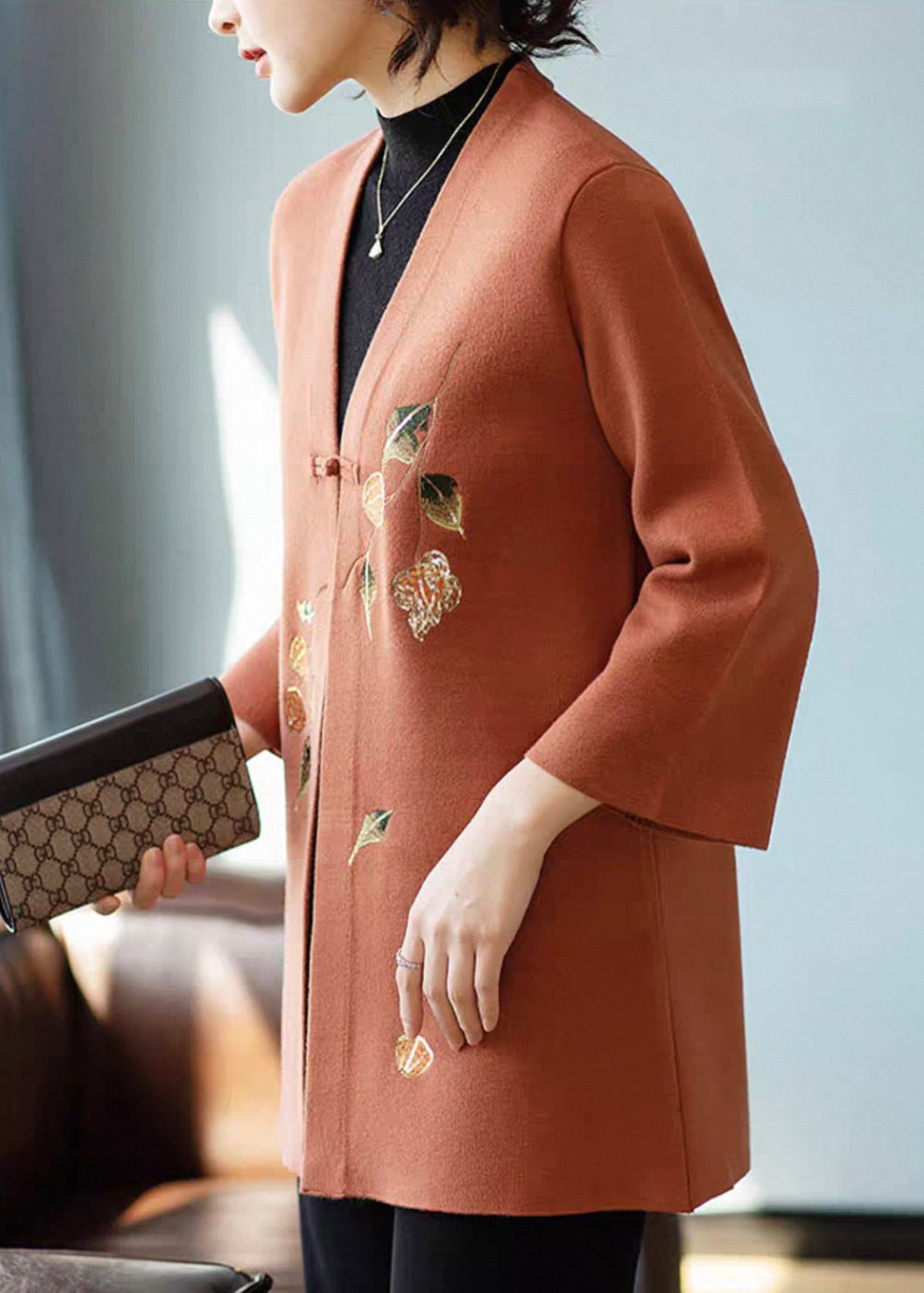 Orange Print Button Woolen Cardigan V Neck Fall